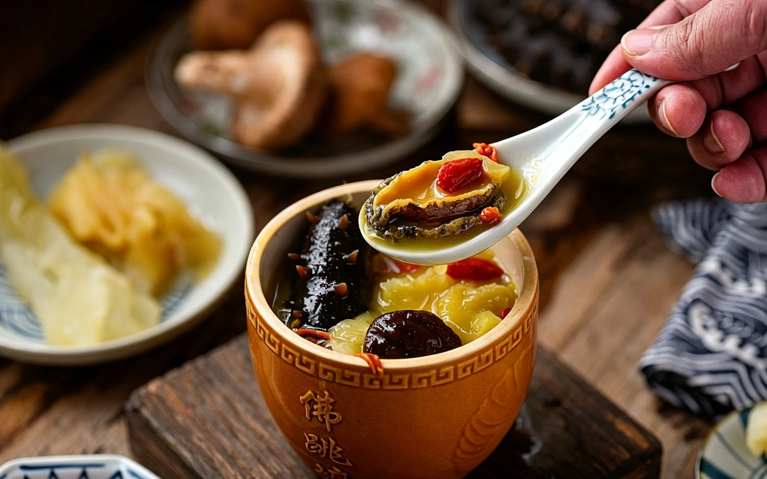 Buddha Jumps Over the Wall served in a traditional wooden bowl