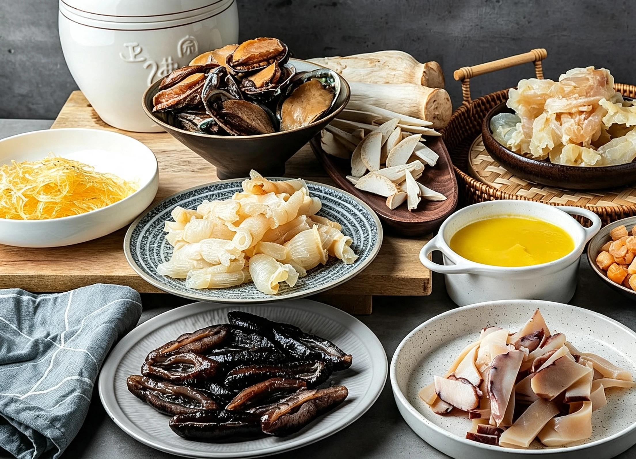 The 30-plus ingredients of Buddha Jumps Over the Wall arranged on plates before simmering