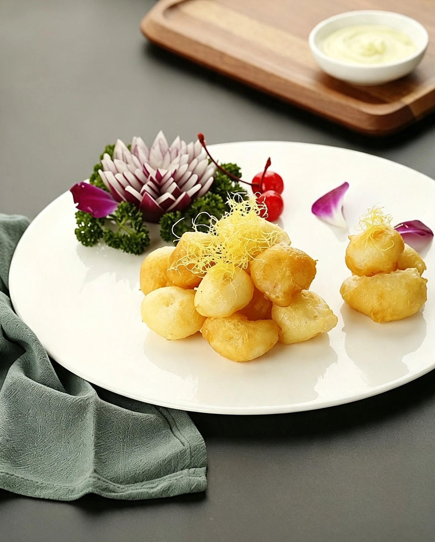 Golden-thread shrimp balls — precision presentation in Huaiyang cooking