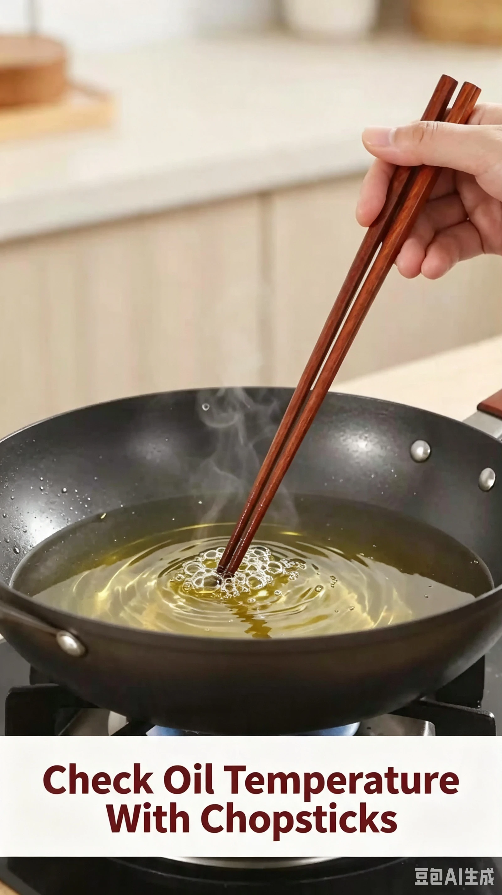 Testing oil temperature with a wooden chopstick