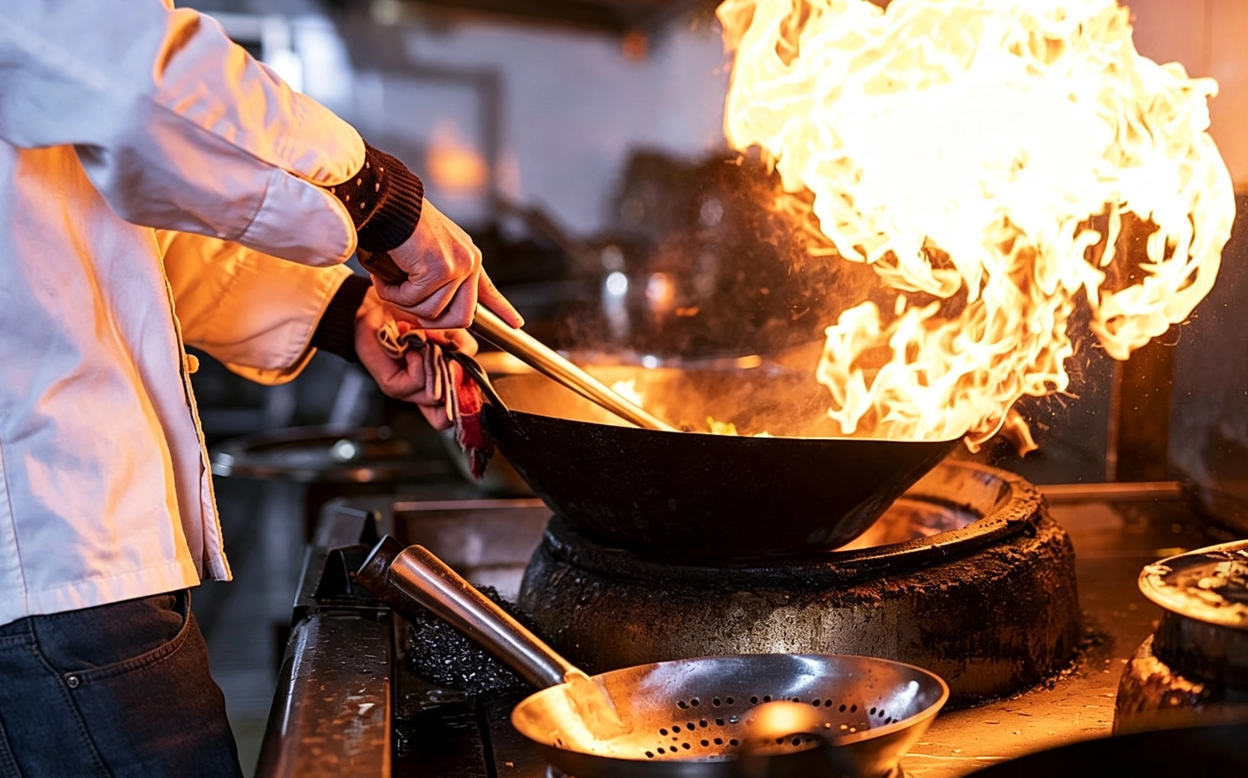 A wok over an intense flame, capturing the moment of wok hei