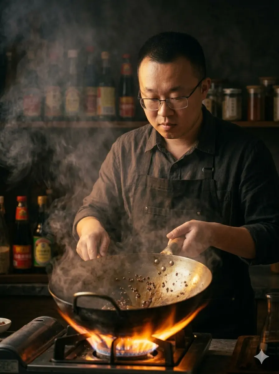 Mike Sang cooking over a live wok flame while testing Chinese pantry ingredients