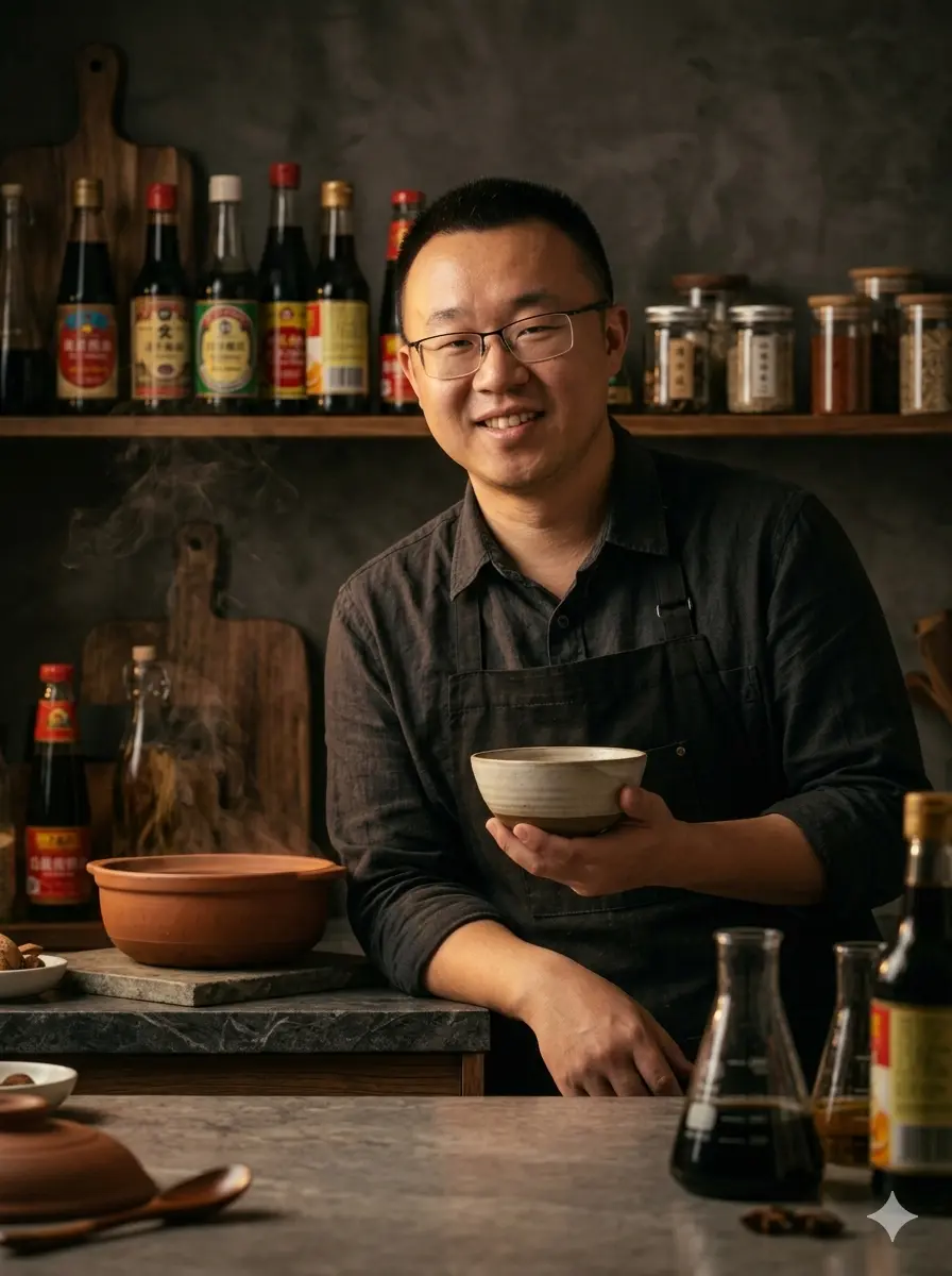 Mike Sang, founder of Missing Umami, holding a bowl in front of Chinese sauces and spice jars